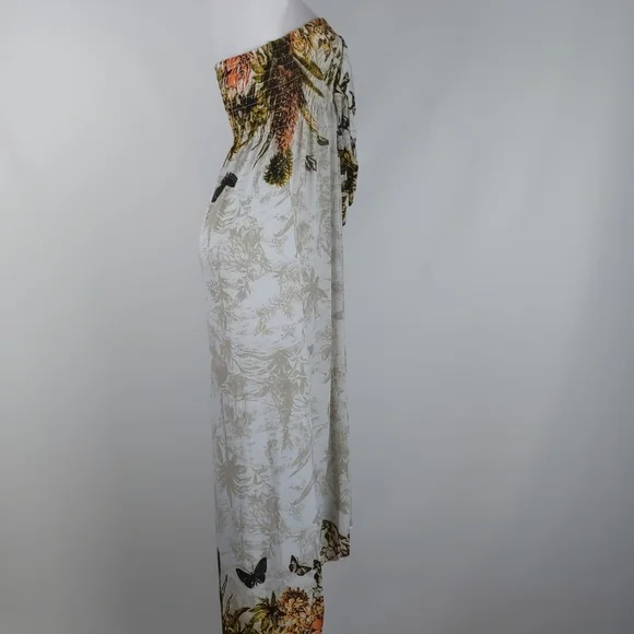 Women's Dress Size Med Cream Orange Butterflies Shirring Maxi High Low Hem Bow - Picture 10 of 10